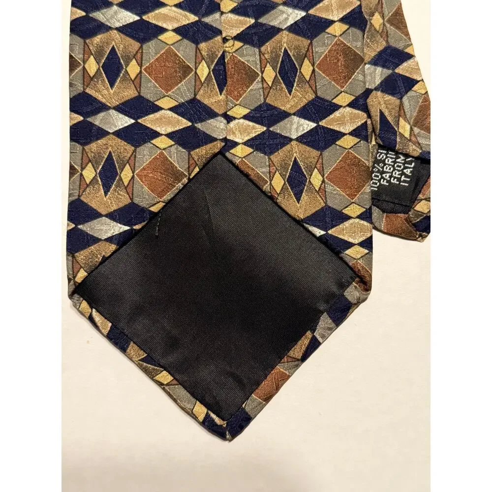 Geoffrey Beene 100% Italian Silk Necktie, Olive‎ Brown Black Geometric Design